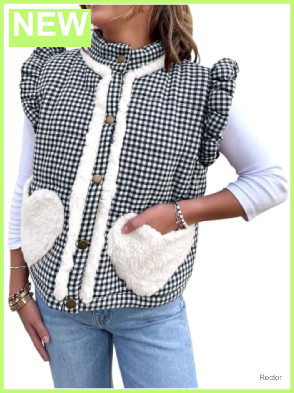 Plaid Puffer Vest Ruffle Sleeve Color Block Padded Gilet